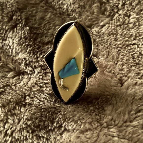 Vintage Navajo Sterling silver & antler bone with enamel turquoise inset ring - Picture 8 of 8